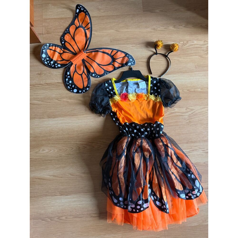 Costume Butterfly Monarch Dress Wings Antennae Headband Sz Child L